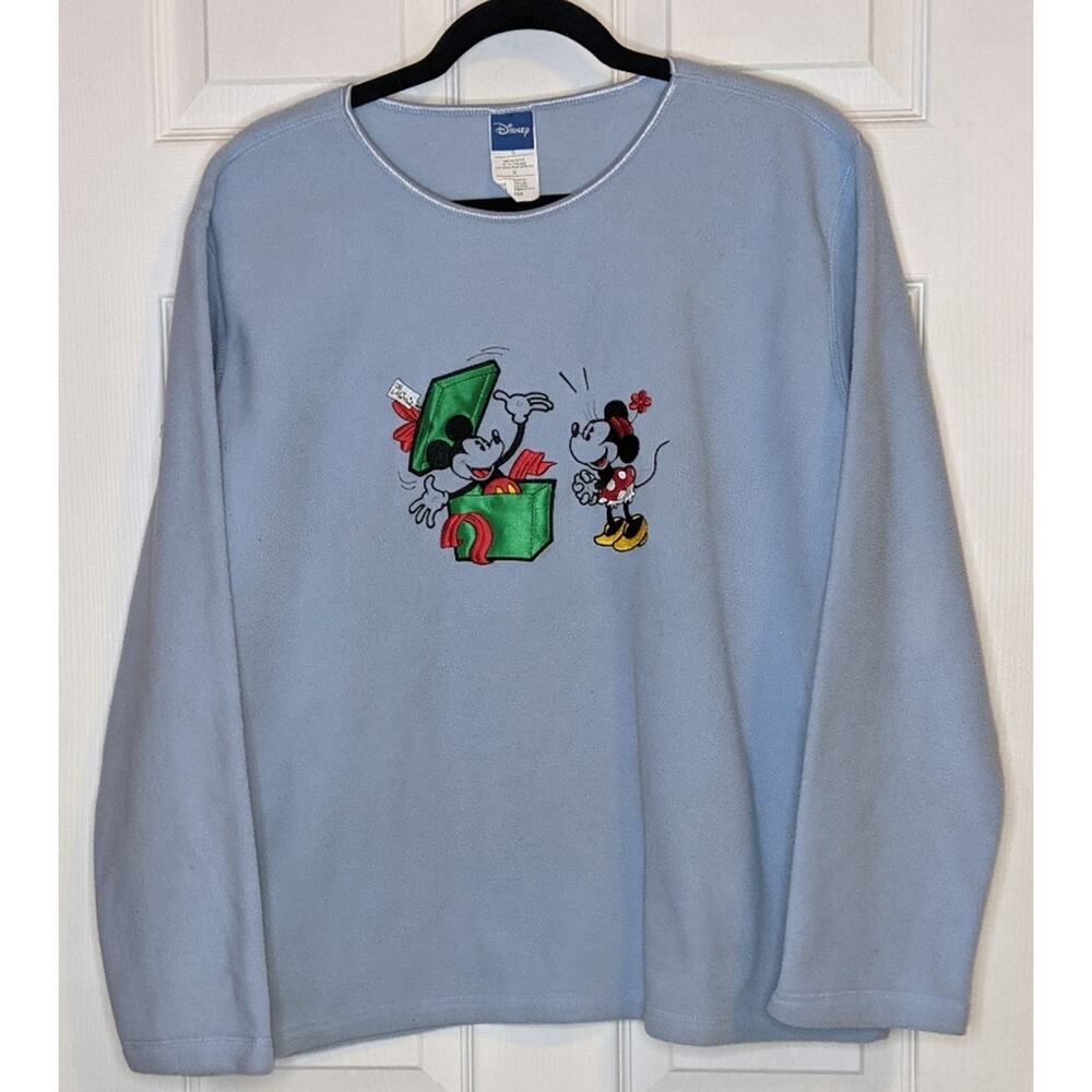 Disney Blue Mickey & Minnie Christmas Gift Long Sleeve Fleece Pullover Top L - Picture 2 of 10
